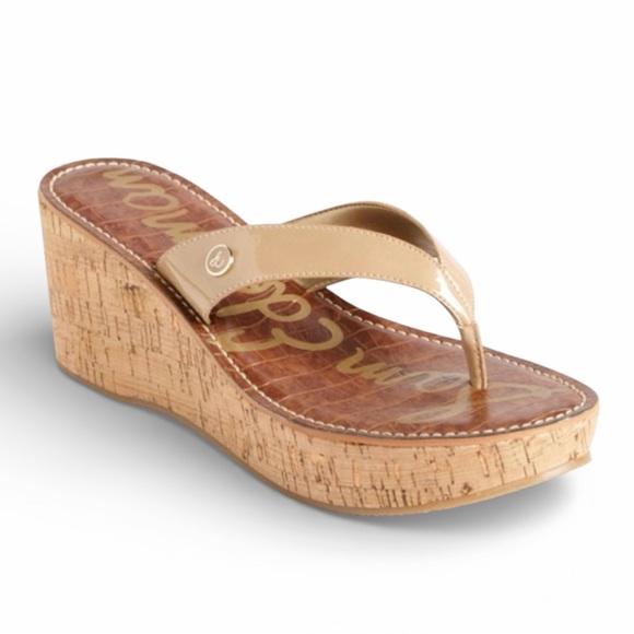 Sam Edelman Shoes - Sam Edelman Romy Faux Patent Platform Cork Wedge Thong Sandals Tan Size 8M